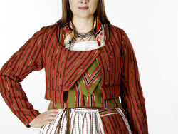 Ikaalisten naisen kansallispukun yläosa, vihreä liivi ja punainen röijy. Kuva Suomen kansallispukukeskus